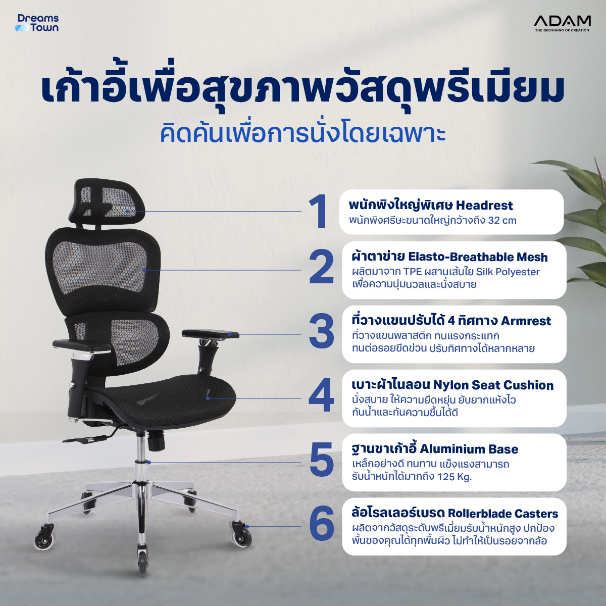 เก้าอี้ทำงาน เพื่อสุขภาพ ADAM รุ่น DOT1 ERGO CHAIR BLACK ONYX สีดำ_1